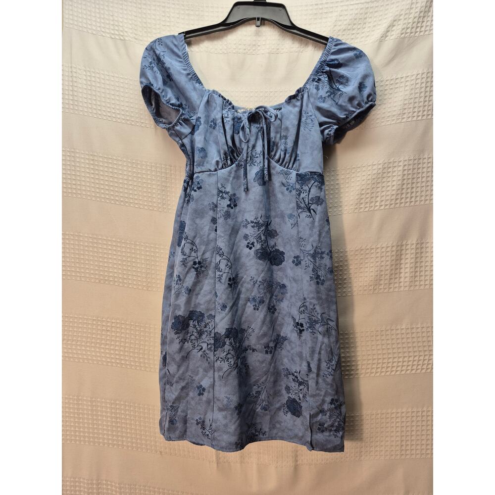 Pink Republic Dress Womens Sz S Blue Floral Scoop Neck Peplum Sleeve Lined 7371